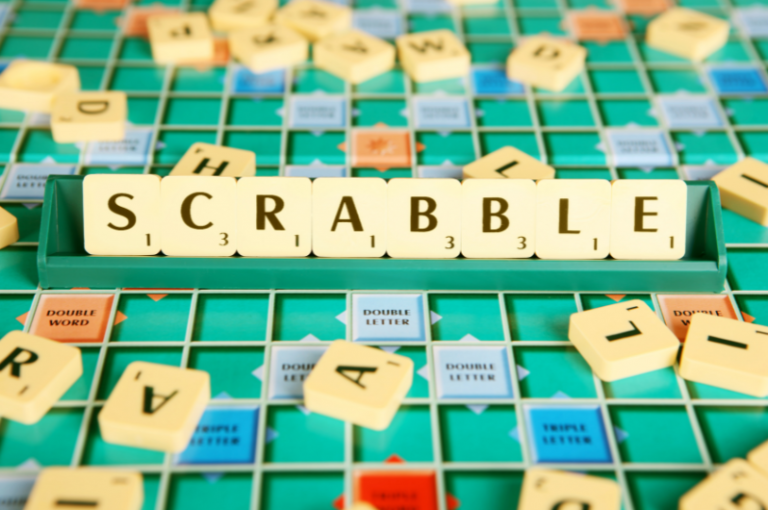 Scrabble board game with letter tiles arranged, emphasizing cognitive engagement and social interaction for seniors.