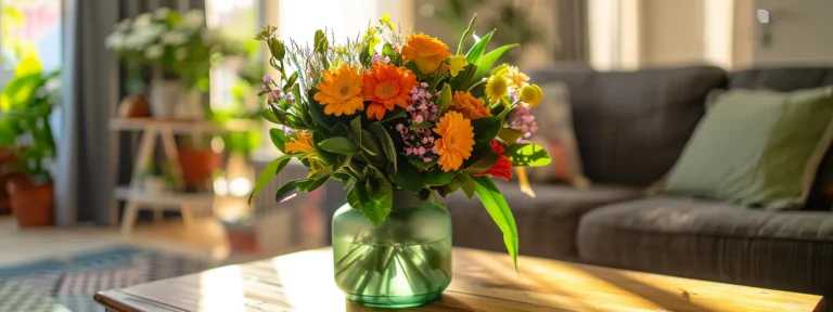 Colorful flower bouquet in a green vase on a wooden coffee table, with a cozy living room setting featuring a couch and plants, enhancing comfort for in-home care discussions.