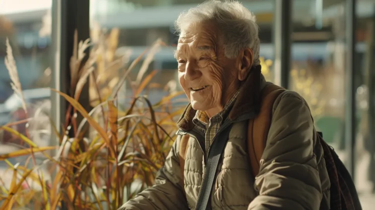 Smiling senior man sitting indoors next to plants, representing companionship and joy in home care settings for seniors.