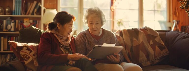 Caregiver and senior woman engaging in conversation while reviewing a document on a tablet in a cozy living room setting, emphasizing companionship and personalized care for seniors.