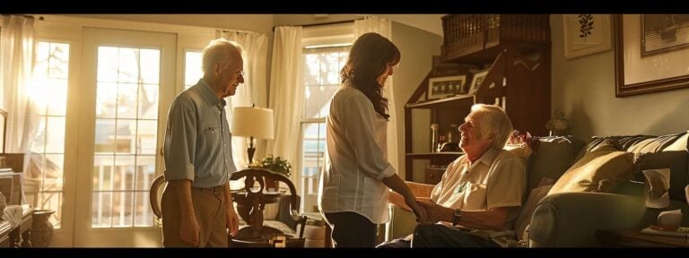 Caregiver interacting with seniors in a warm, inviting home care setting, emphasizing companionship and support for elderly individuals.