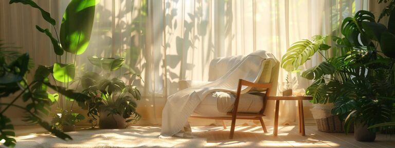 Serene living room with a cozy armchair draped in a light blanket, surrounded by lush indoor plants and bathed in warm sunlight, creating a tranquil atmosphere for seniors.