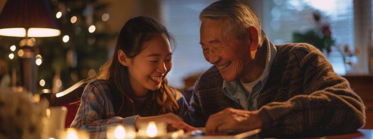 Young girl and elderly man sharing joyful moments at a table, surrounded by warm lighting and festive decorations, emphasizing companionship and caregiving in a cozy setting.
