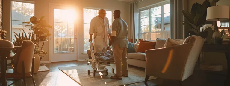 Caregiver assisting elderly man with mobility in a sunlit living room, emphasizing compassionate in-home care for seniors in South Orange County.