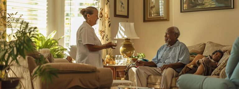 Caregiver assisting elderly man in bright living room, emphasizing home care support and companionship.