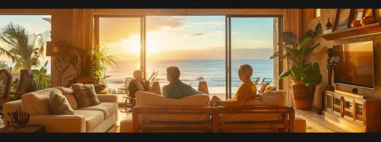 Seniors enjoying a sunset view from a sophisticated living room, emphasizing comfort and companionship in a home care context.