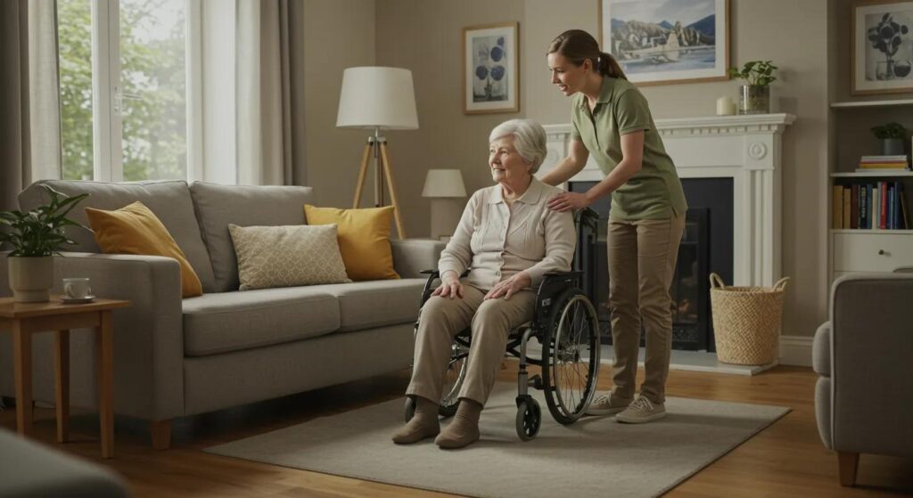 Caregiver assisting elderly woman in wheelchair in a cozy living room, emphasizing home safety and support for dementia patients.