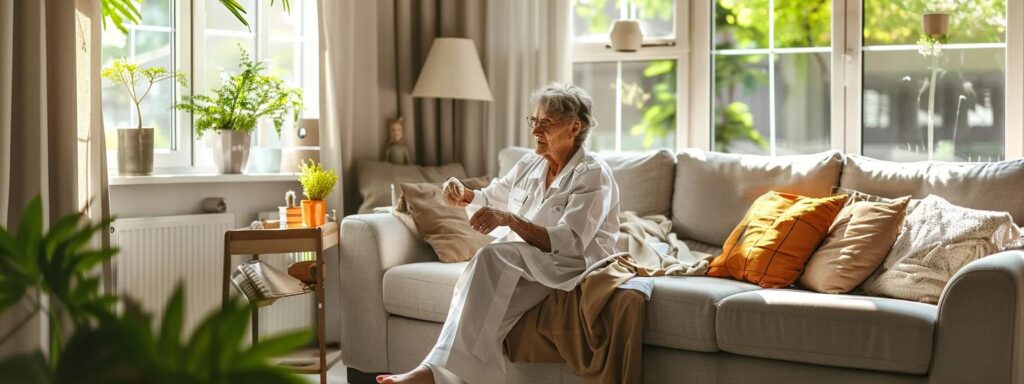 Elderly woman sitting on a couch in a bright living room, engaging with her surroundings, emphasizing comfort and safety in home care for dementia patients.