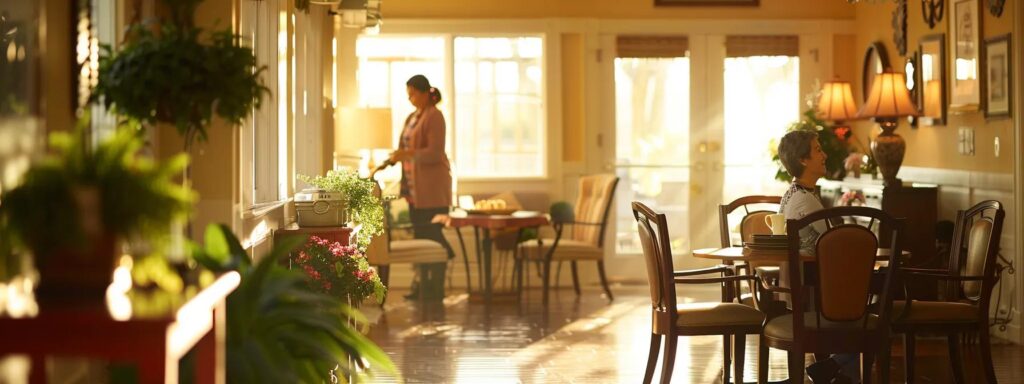Caregiver assisting elderly individual in a warm, inviting home environment, emphasizing safety and comfort for dementia care.