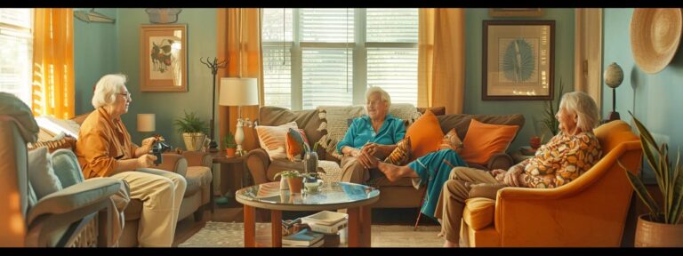 Three seniors engaging in conversation in a vibrant living room with colorful decor, emphasizing comfort and companionship, reflecting themes of home care and support for elderly individuals.