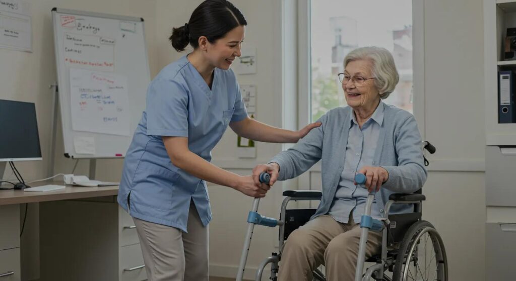 Caregiver assisting elderly woman in wheelchair with mobility support, emphasizing safe transfer techniques and emotional support for dementia care.