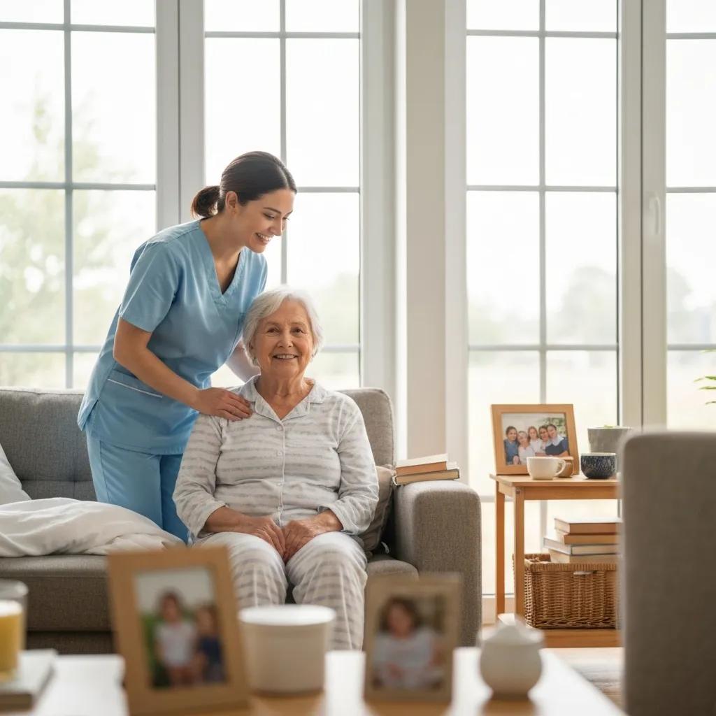 Caregiver assisting senior woman at home, promoting post-surgical recovery and emotional support in a bright living room setting.