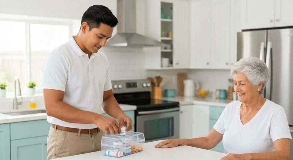 Caregiver organizing medications for senior woman in bright kitchen, illustrating personalized post-surgery care and medication management.