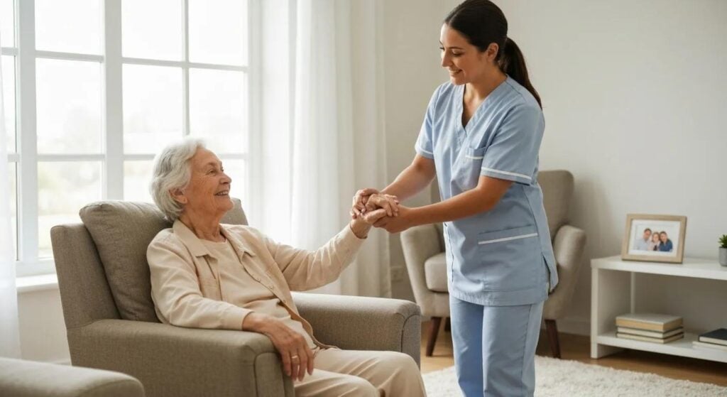 Caregiver assisting elderly woman at home, showcasing personalized in-home care services for seniors in a comfortable living environment.