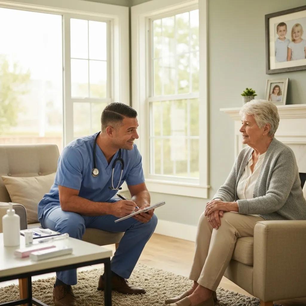 Caregiver in scrubs engaging with senior woman in home setting, emphasizing companionship and emotional support in post-surgical recovery services.