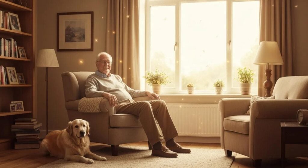 Elderly man sitting comfortably in a cozy living room with a golden retriever, emphasizing the comfort of aging in place and maintaining cherished independence at home.