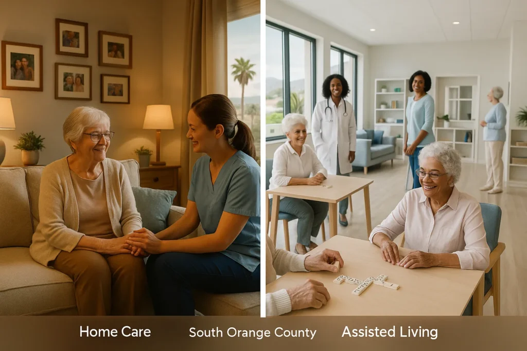 Home care scene with caregiver and senior woman sharing a moment in a cozy living room; assisted living setting with multiple seniors engaging in activities and healthcare professional present, highlighting personalized support and community care options in South Orange County.