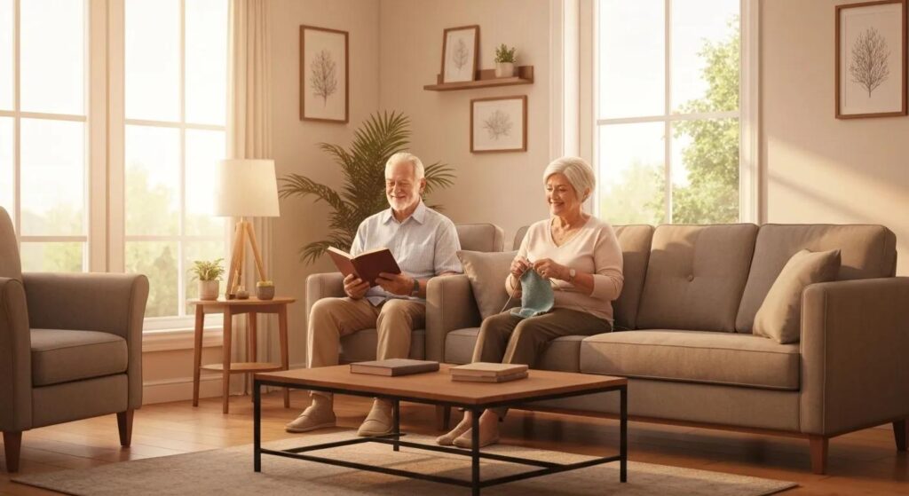 Elderly couple enjoying quality time at home, man reading a book and woman knitting, in a cozy living room with natural light, symbolizing the comfort and independence of aging in place.