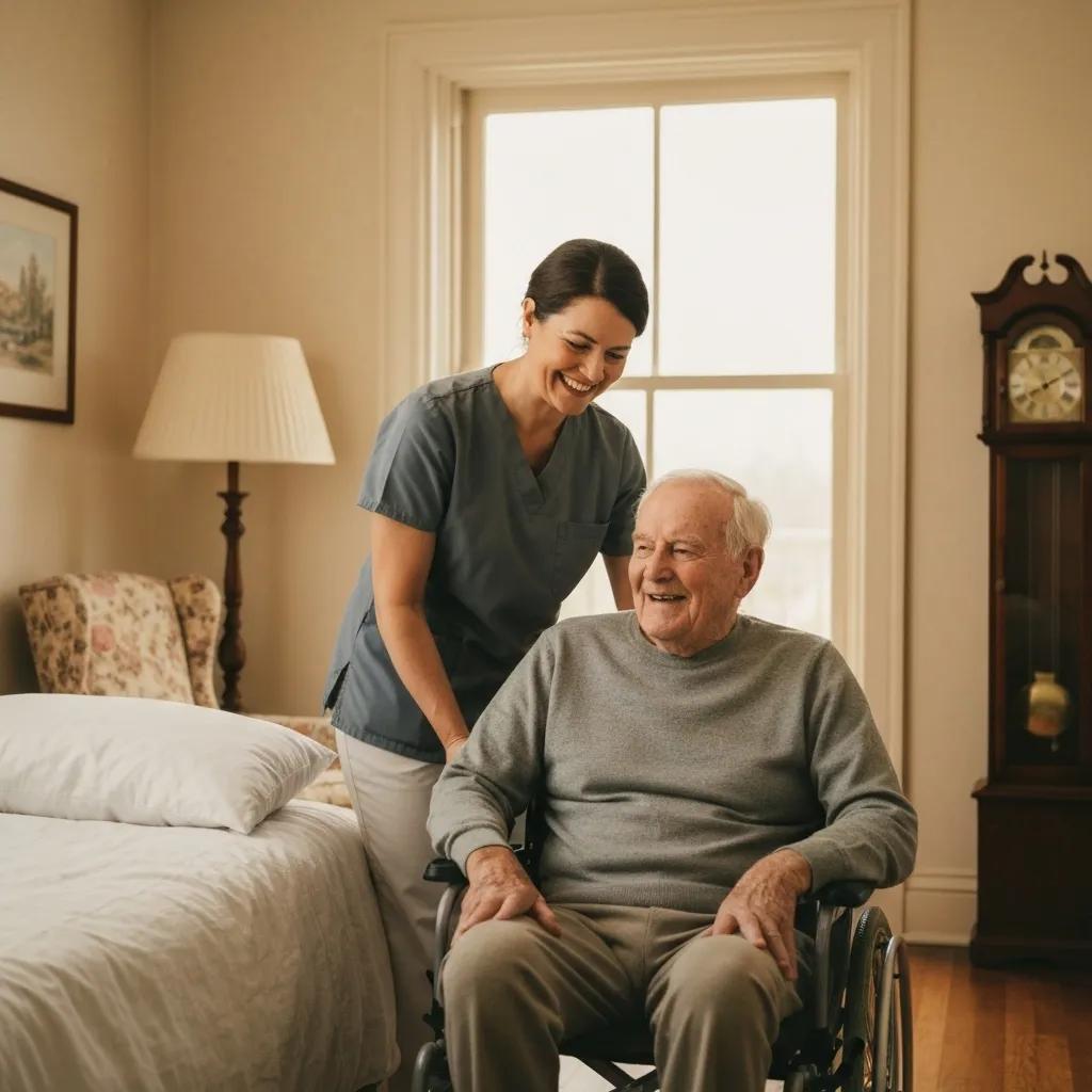 Caregiver assisting elderly man in wheelchair, smiling in cozy home environment, emphasizing compassionate home care.