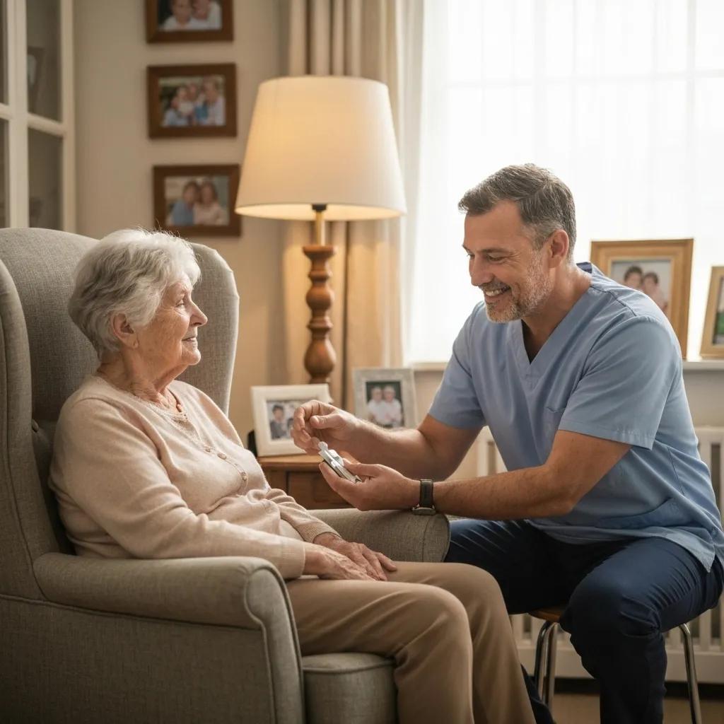 Caregiver introducing themselves to elderly client in a home setting, emphasizing smooth caregiver transition and personalized care.