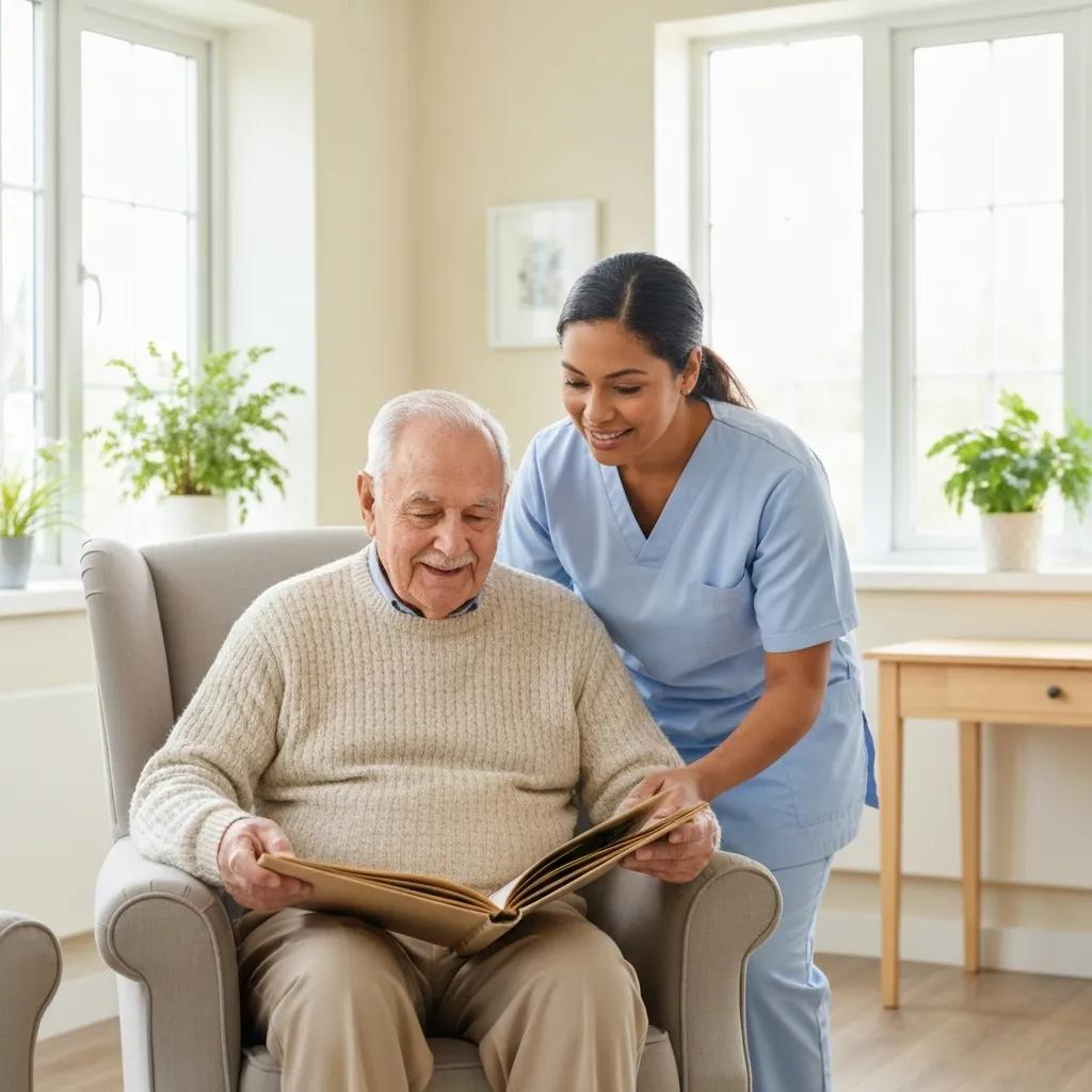 Senior man and caregiver engaging with a photo album in a bright, comfortable living space, illustrating companionship and personal care services for seniors in Orange County.