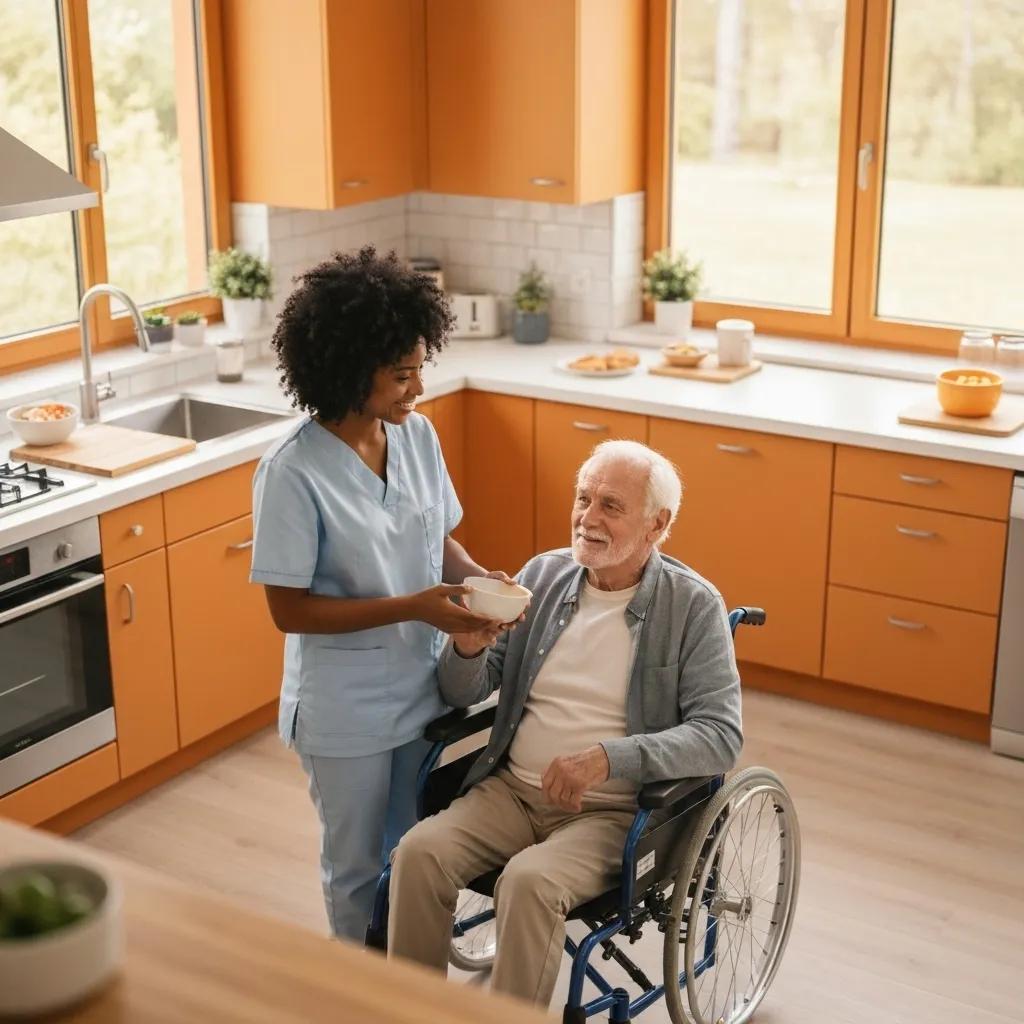 Caregiver assisting elderly man in wheelchair with meal in modern kitchen, emphasizing home care support for seniors in Orange County.
