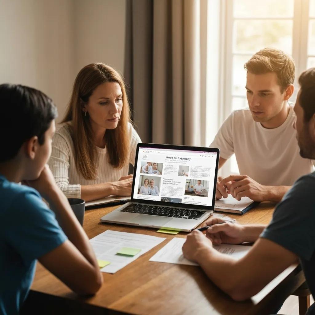 Family researching home care agencies together, discussing selection process for in-home care, with laptop displaying agency information and documents on a table.