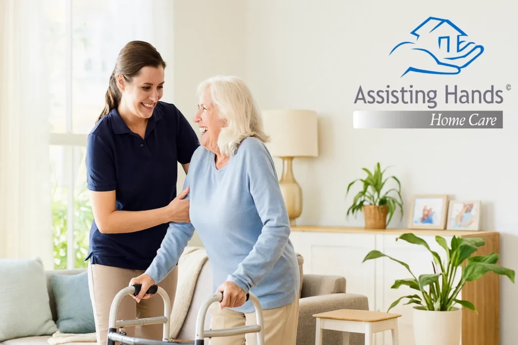 Caregiver assisting elderly woman with walker in home setting, representing personalized in-home care services by Assisting Hands - Dana Point.