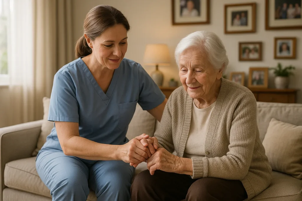Caregiver holding hands with elderly woman, illustrating companionship and support in home care services for seniors, enhancing safety and comfort in aging in place.