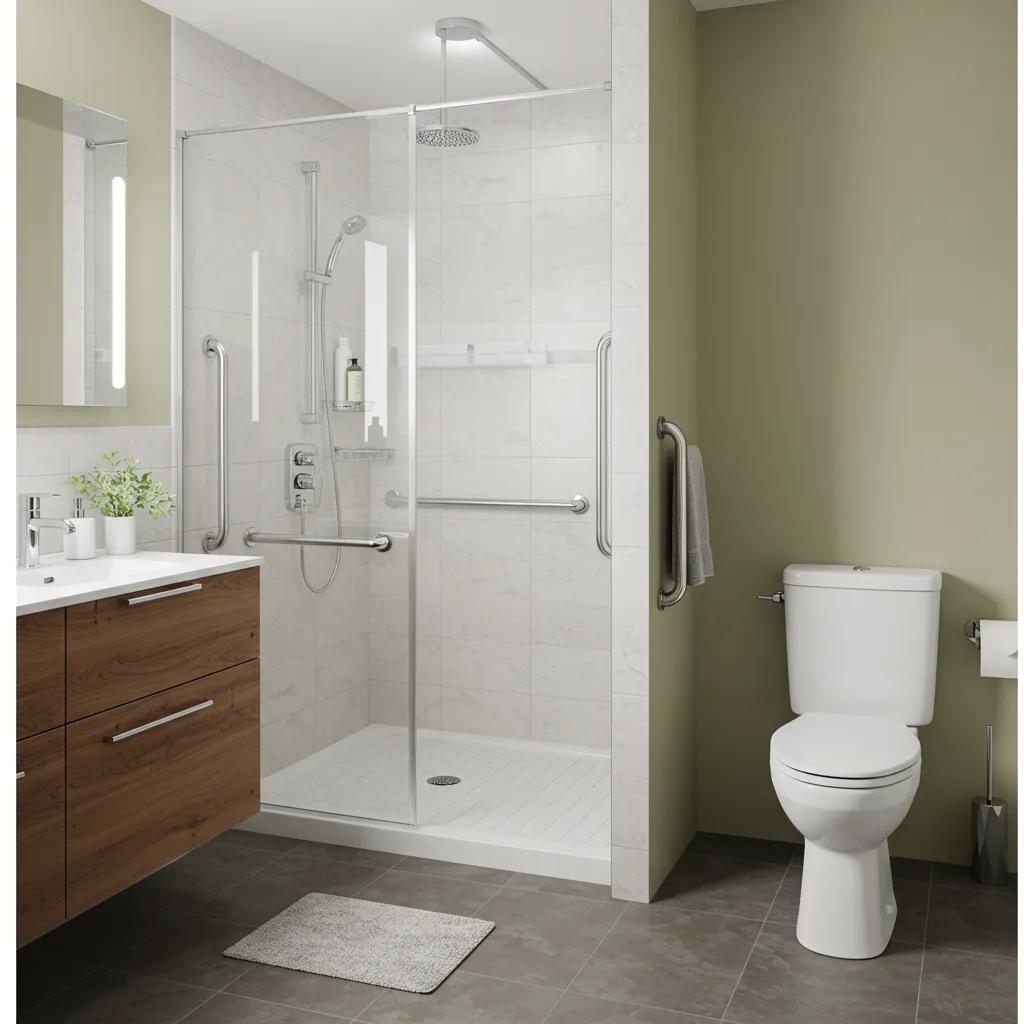 Accessible bathroom featuring grab bars, walk-in shower, and safety modifications for seniors, promoting fall prevention and enhancing mobility.