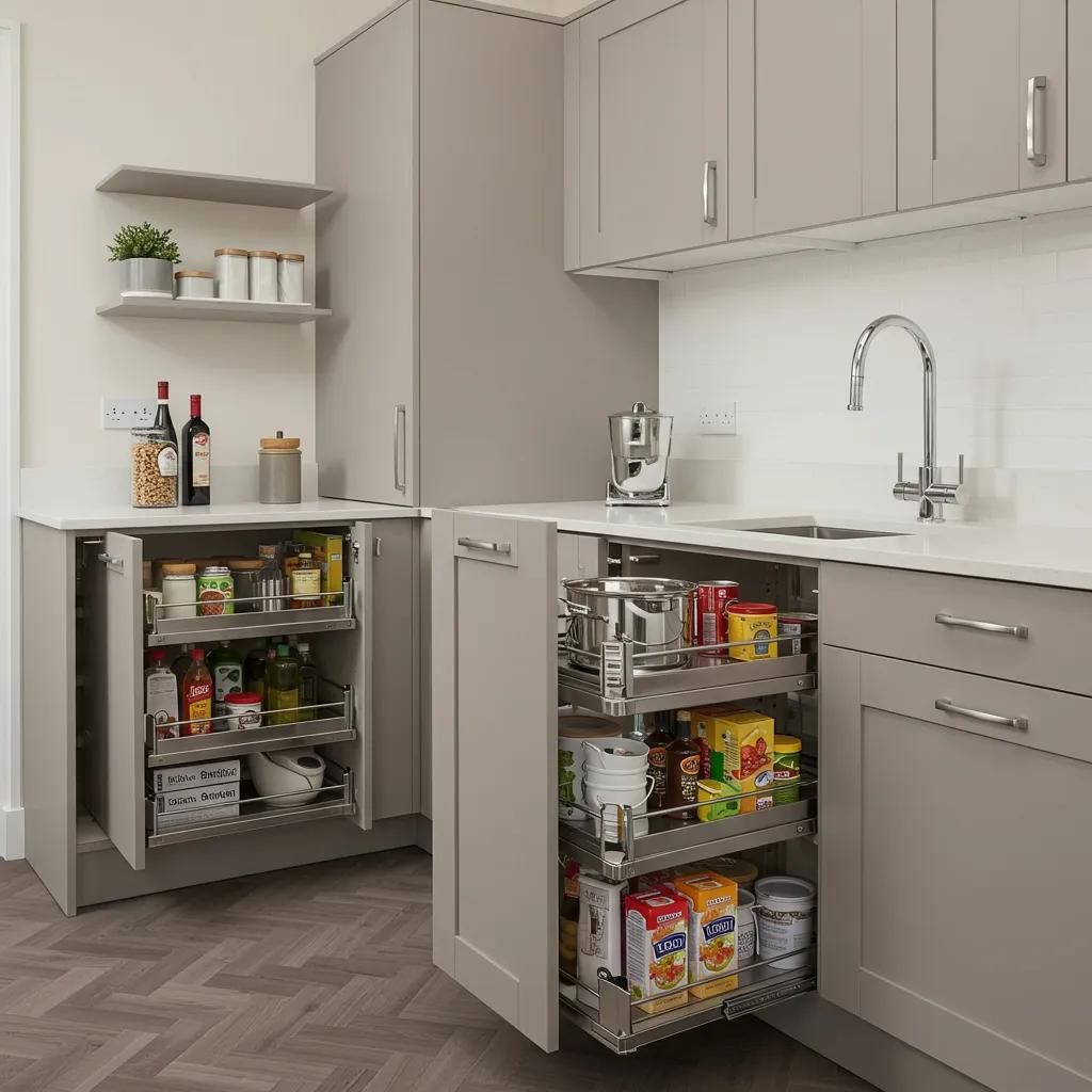 Accessible kitchen with pull-out shelves and lowered cabinets designed for senior independence, featuring optimized storage solutions for ease of use and reduced strain during meal preparation.