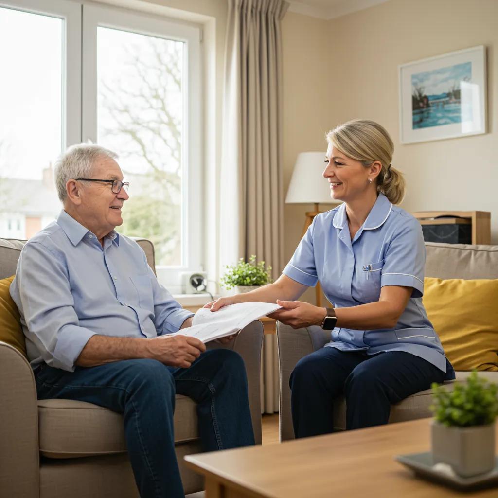 Caregiver assisting senior man in cozy home setting, showcasing compassion and professionalism while discussing in-home care options.
