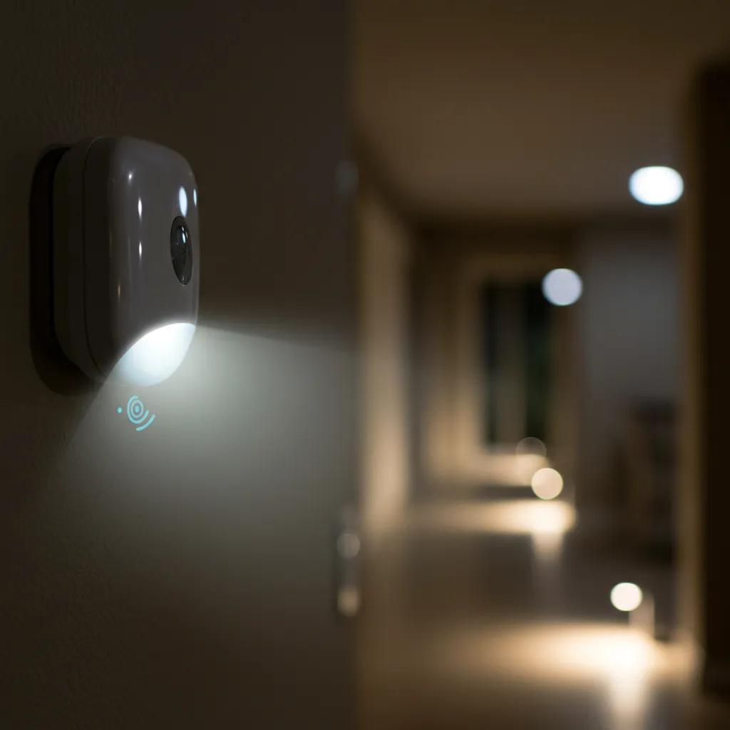 Close-up of a fall detection sensor and smart lighting in a home, emphasizing safety for seniors