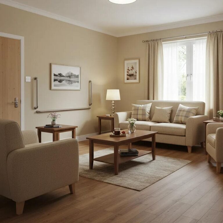 Cozy living room designed for seniors, featuring accessible safety modifications, comfortable seating, and natural lighting.
