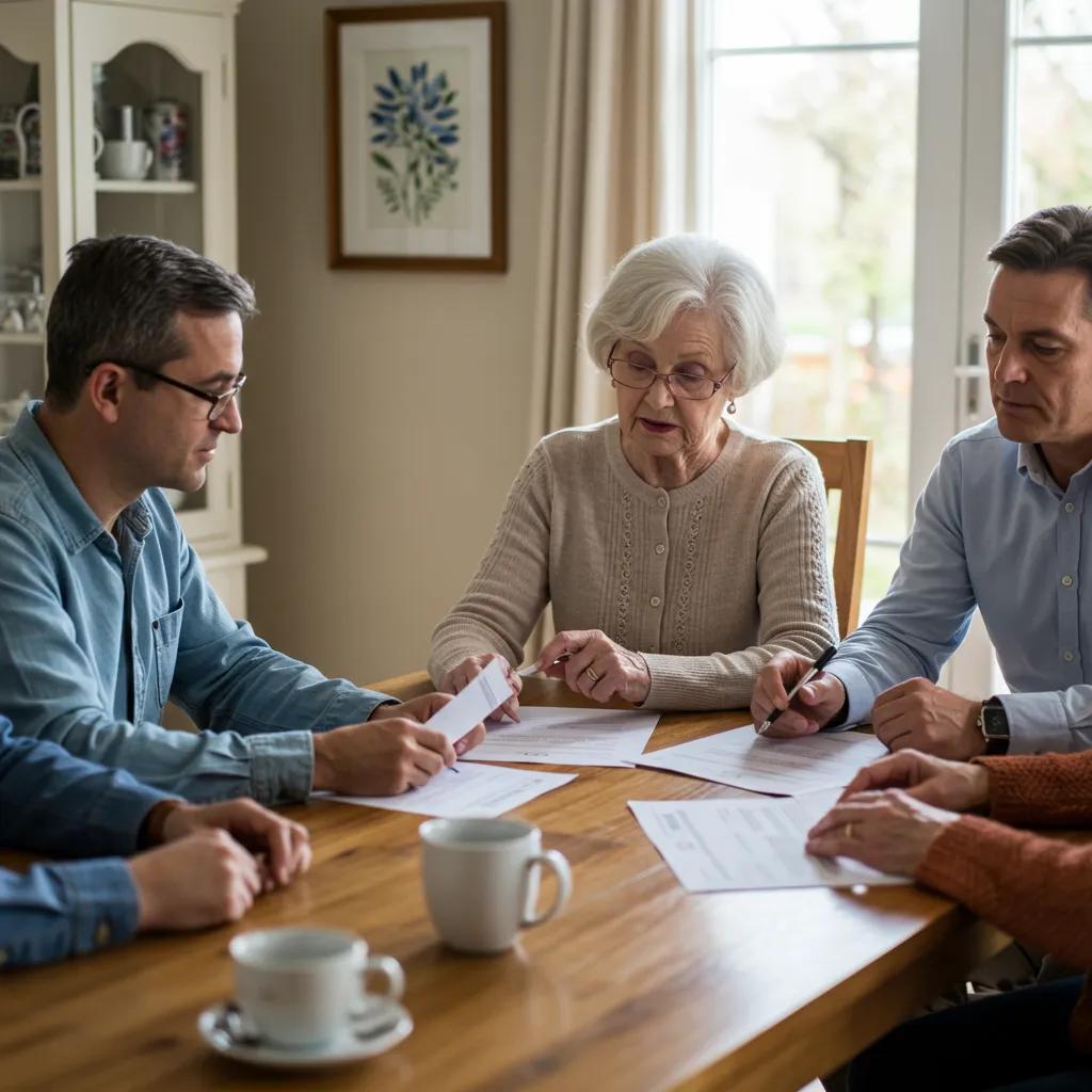 Family discussing in-home care options and costs around a dining table, reviewing documents and emphasizing support and planning for elder care needs.