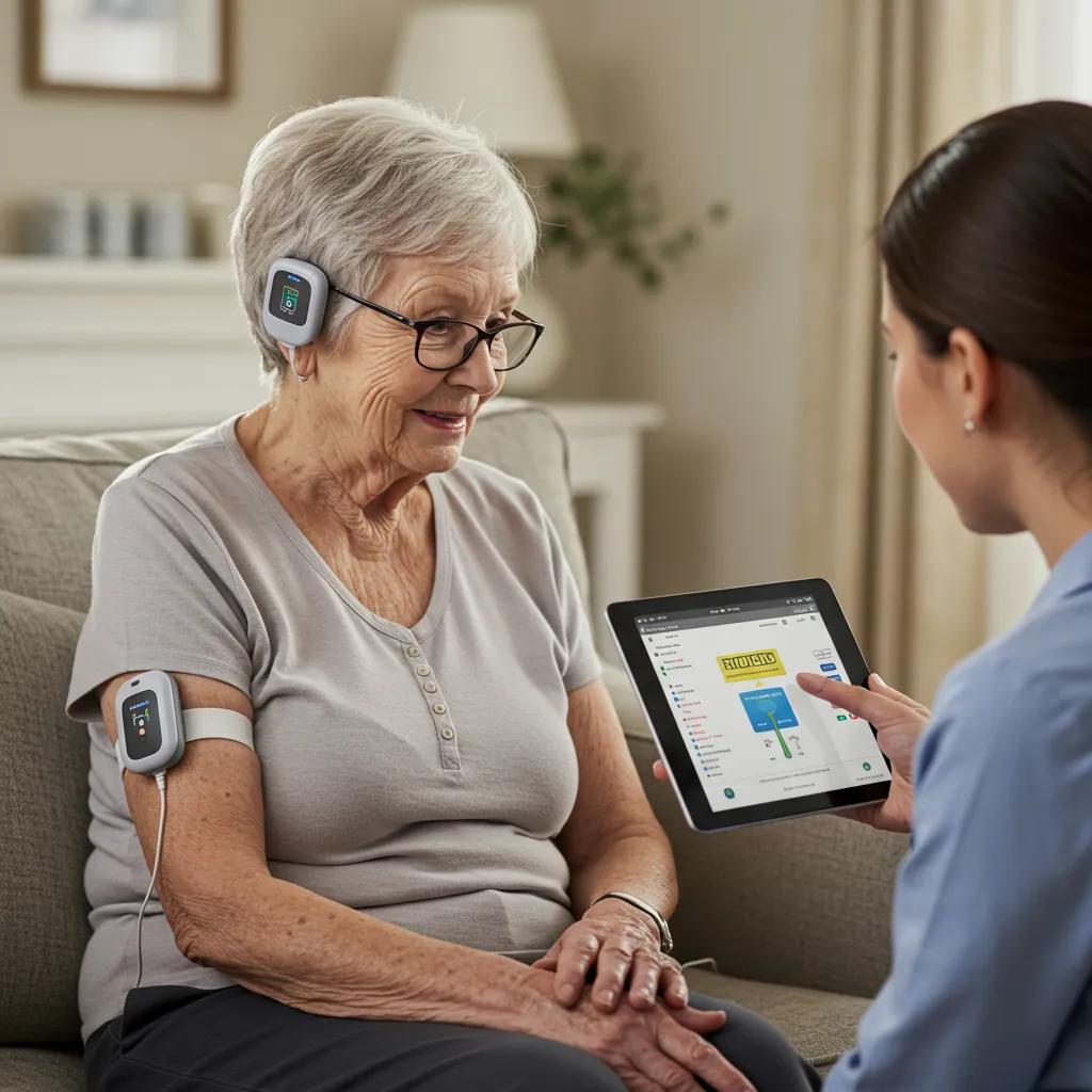 Senior using a health monitoring device while interacting with a caregiver, showcasing remote patient monitoring