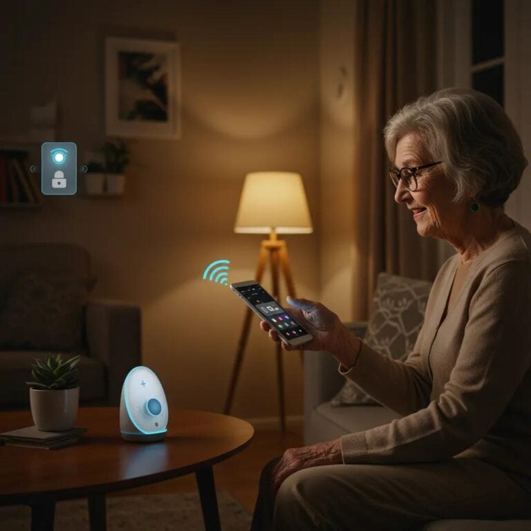 Senior woman using smartphone to control smart home technology in a cozy living room, highlighting safety and independence for aging in place.