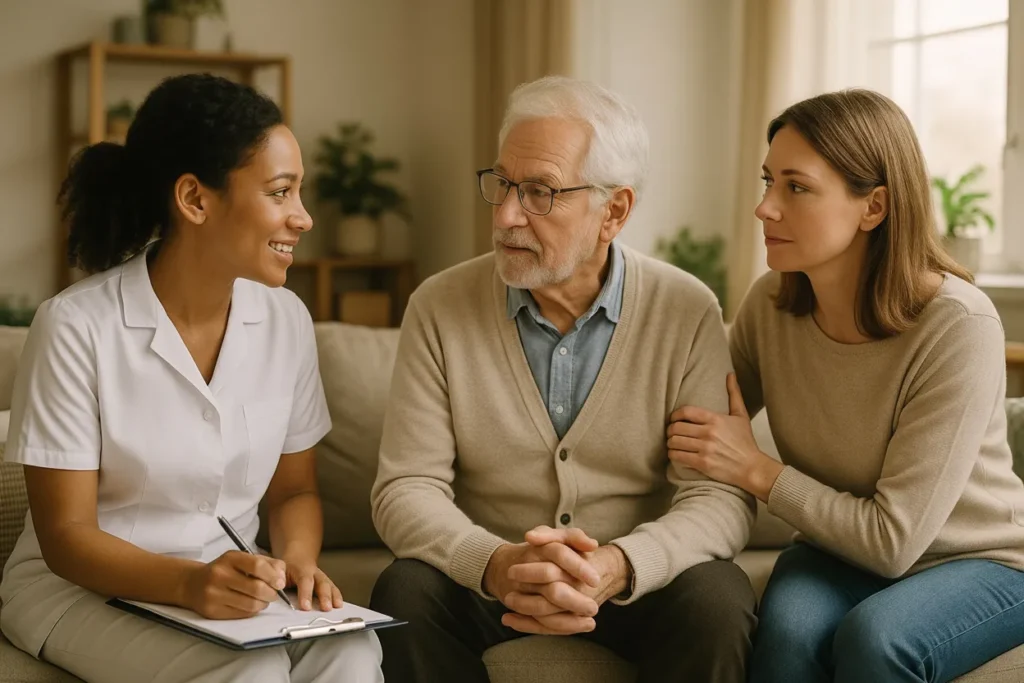 Professional home care consultation with young adult child and parent