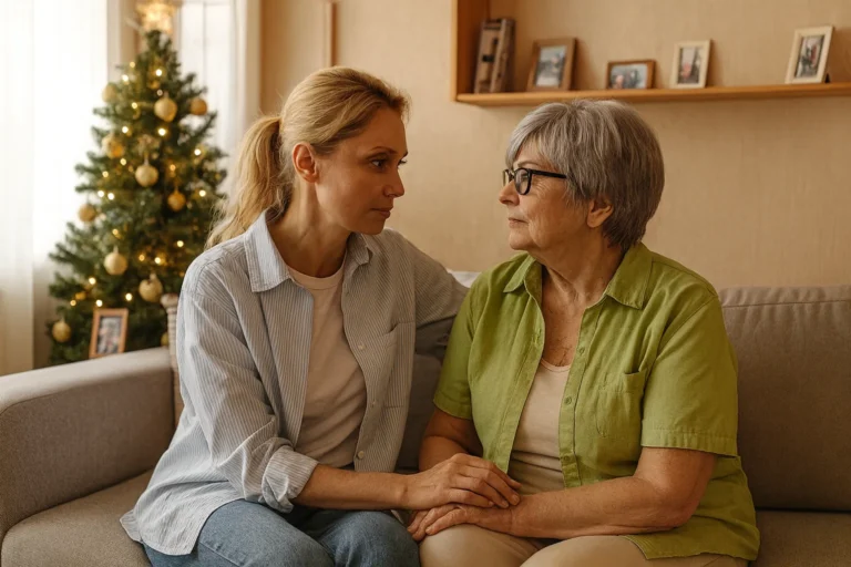 Caregiver comforting elderly woman on sofa during holiday season, emphasizing home care support and family connection.