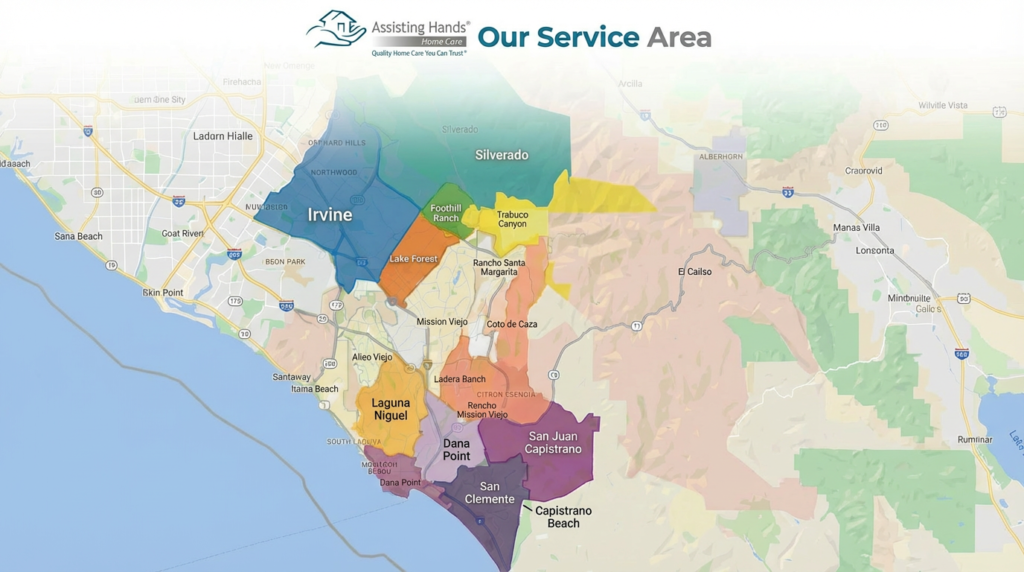 Service area map of Assisting Hands highlighting communities in South Orange County, California, including Laguna Niguel, Dana Point, San Clemente, and Irvine, with colorful region demarcations.