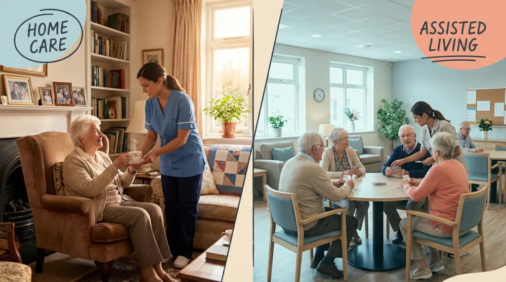 Home care scene with caregiver assisting elderly woman at home, contrasted with assisted living setting where seniors engage in activities.
