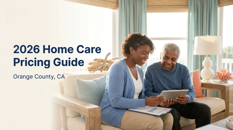 2026 Home Care Pricing Guide featuring a woman and elderly man discussing care options in a bright living room setting, Orange County, CA.