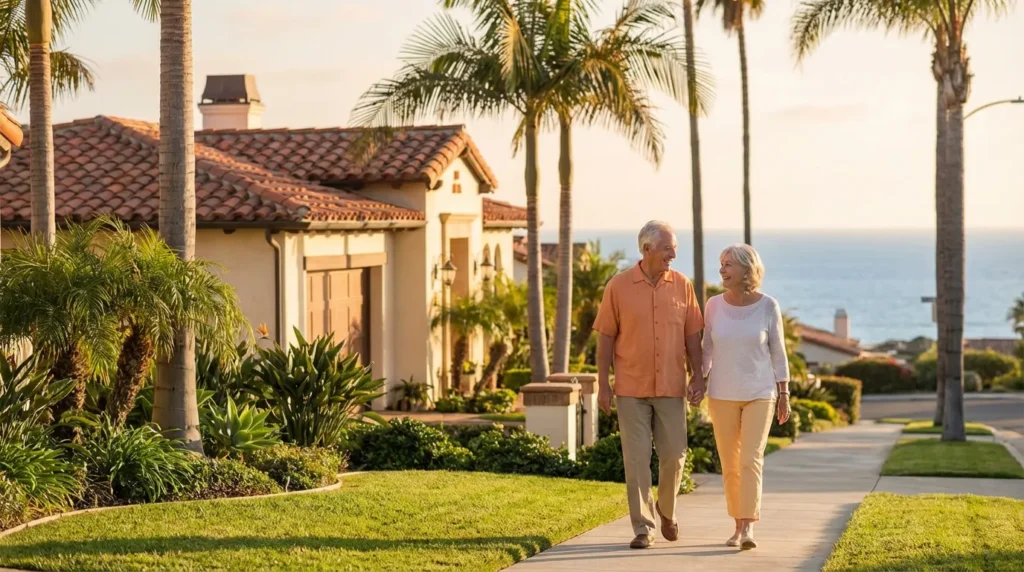 Elderly couple walking hand-in-hand along a sunny path in a coastal neighborhood, surrounded by lush greenery and palm trees, reflecting the quality of life in Orange County.
