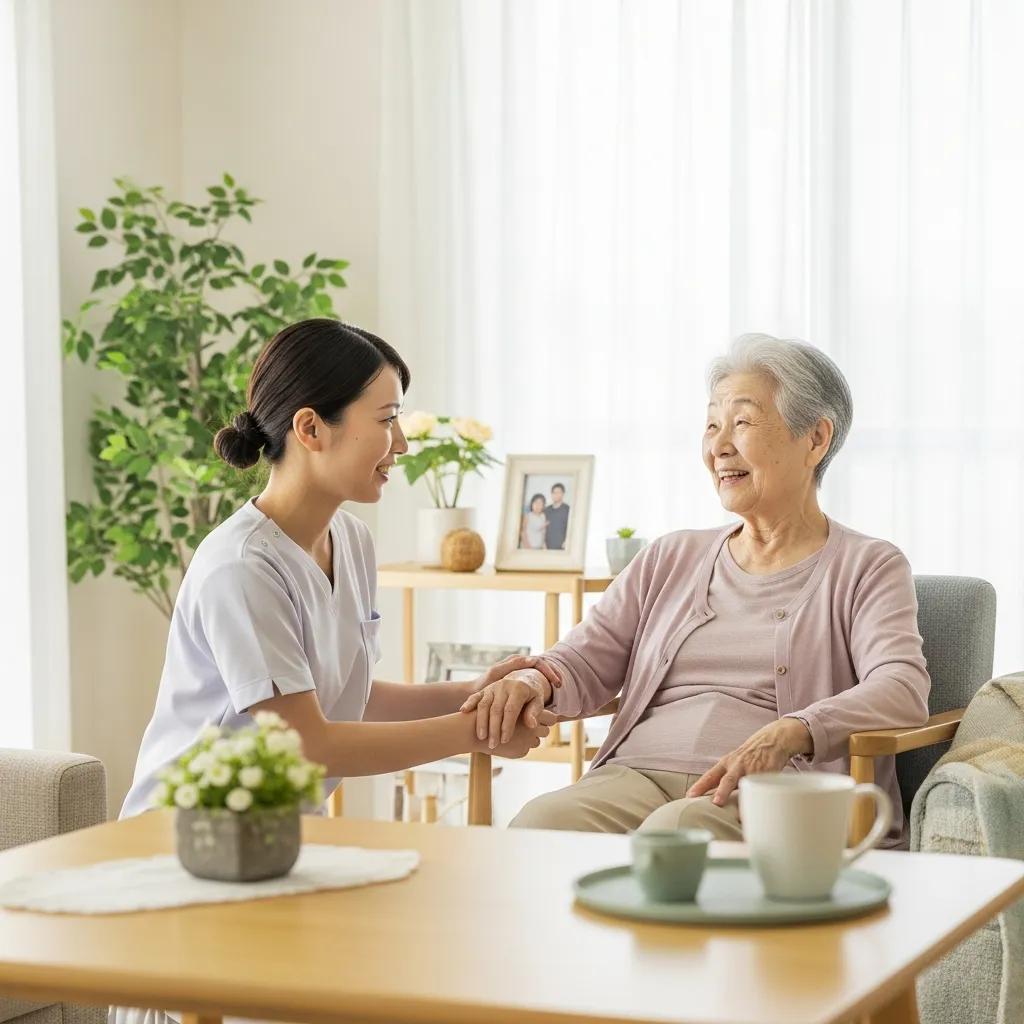 Caregiver providing companionship to a senior in a bright, cheerful living room, emphasizing in-home respite care and support for family caregivers.