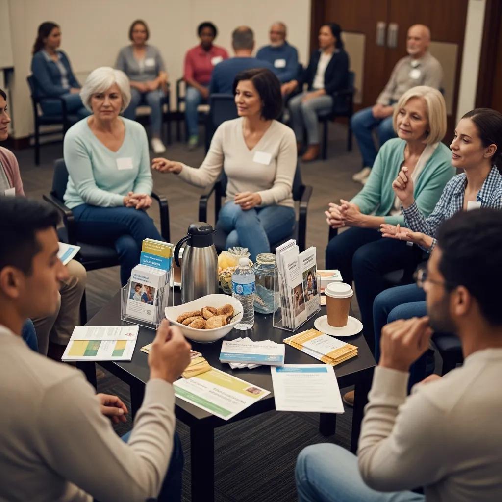 Community support group meeting for family caregivers, sharing experiences and resources, with refreshments and informational materials on respite care services.