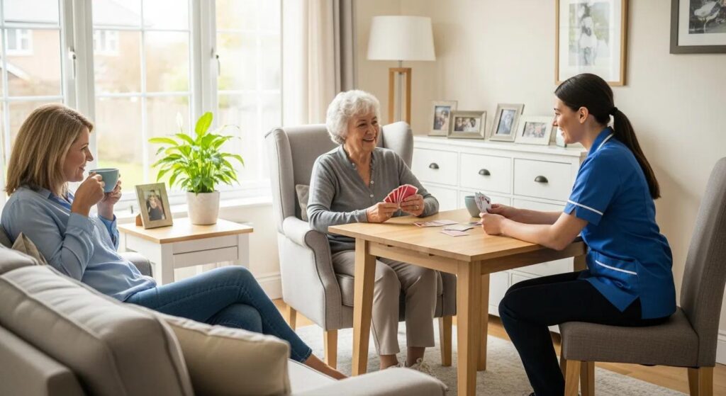 Caregiver and elderly woman playing cards with family member in cozy living room, illustrating respite care benefits and support for family caregivers.