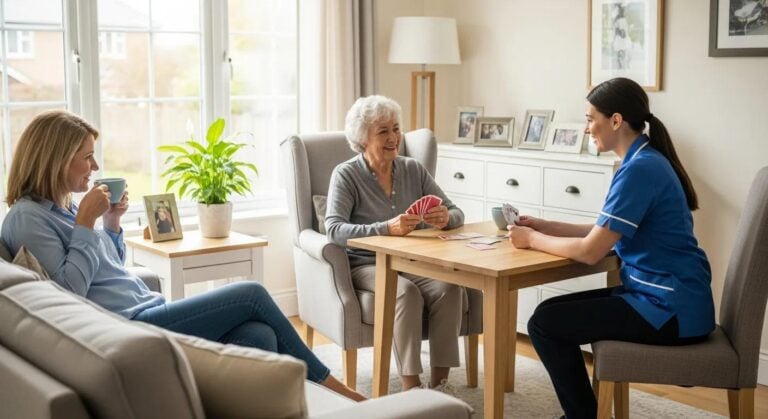 Caregiver playing cards with elderly woman while another woman enjoys a drink, illustrating companionship and support in home care setting.