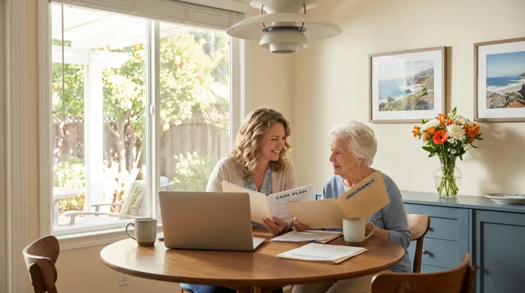 Woman discussing care plan and insurance options with elderly client at home, laptop and coffee cups on table, bright interior with flowers and natural light.