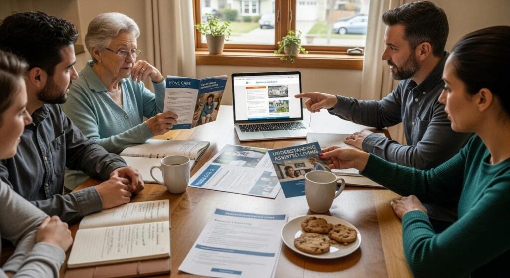 Group discussion about senior care options, reviewing home care and assisted living materials, with laptop displaying information, coffee cups, and cookies on the table.