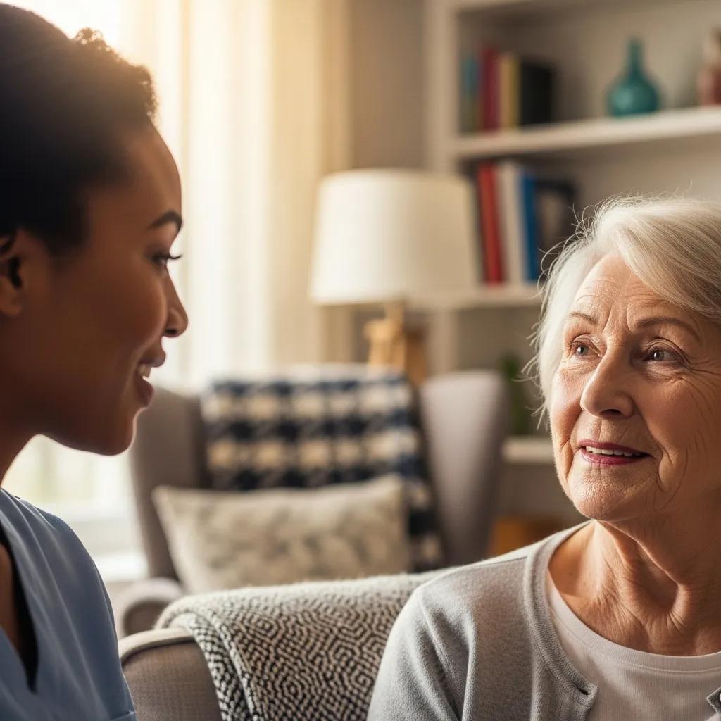 Caregiver and senior woman engaged in conversation, illustrating personalized attention and emotional connection in home care for enhanced senior well-being.